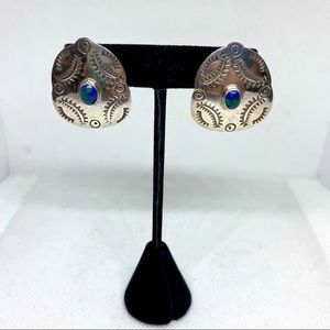 Vintage Taxco Sterling & Azurite Malachite Concho Earrings